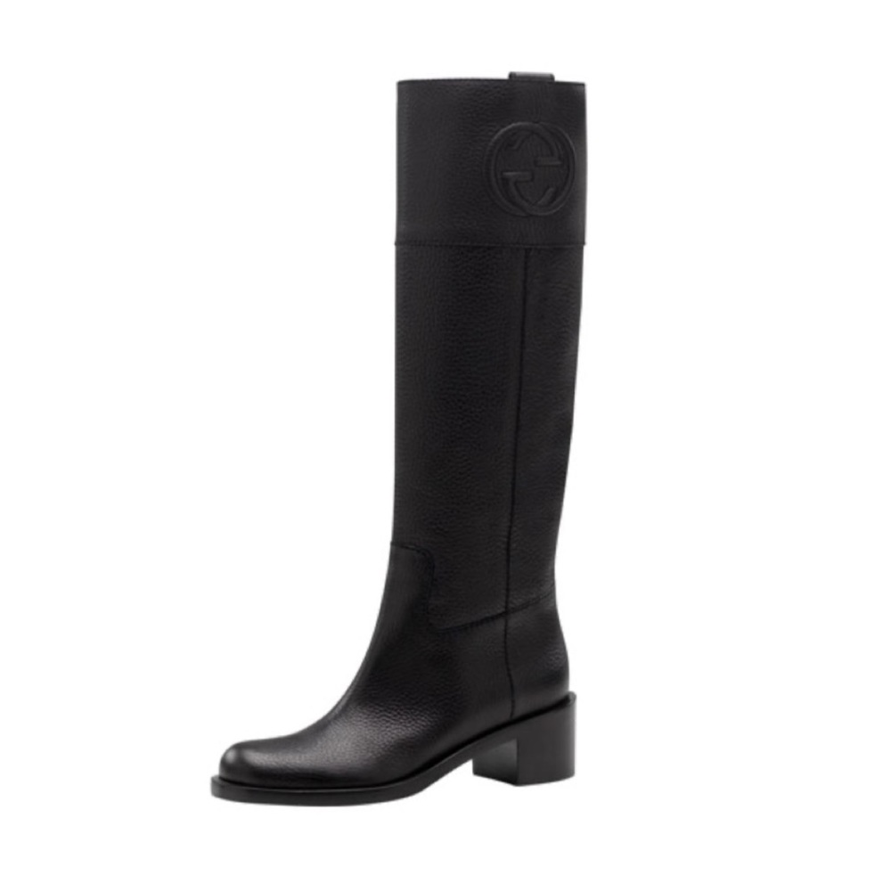Gucci Black Knee-High Leather Heeled Boots
